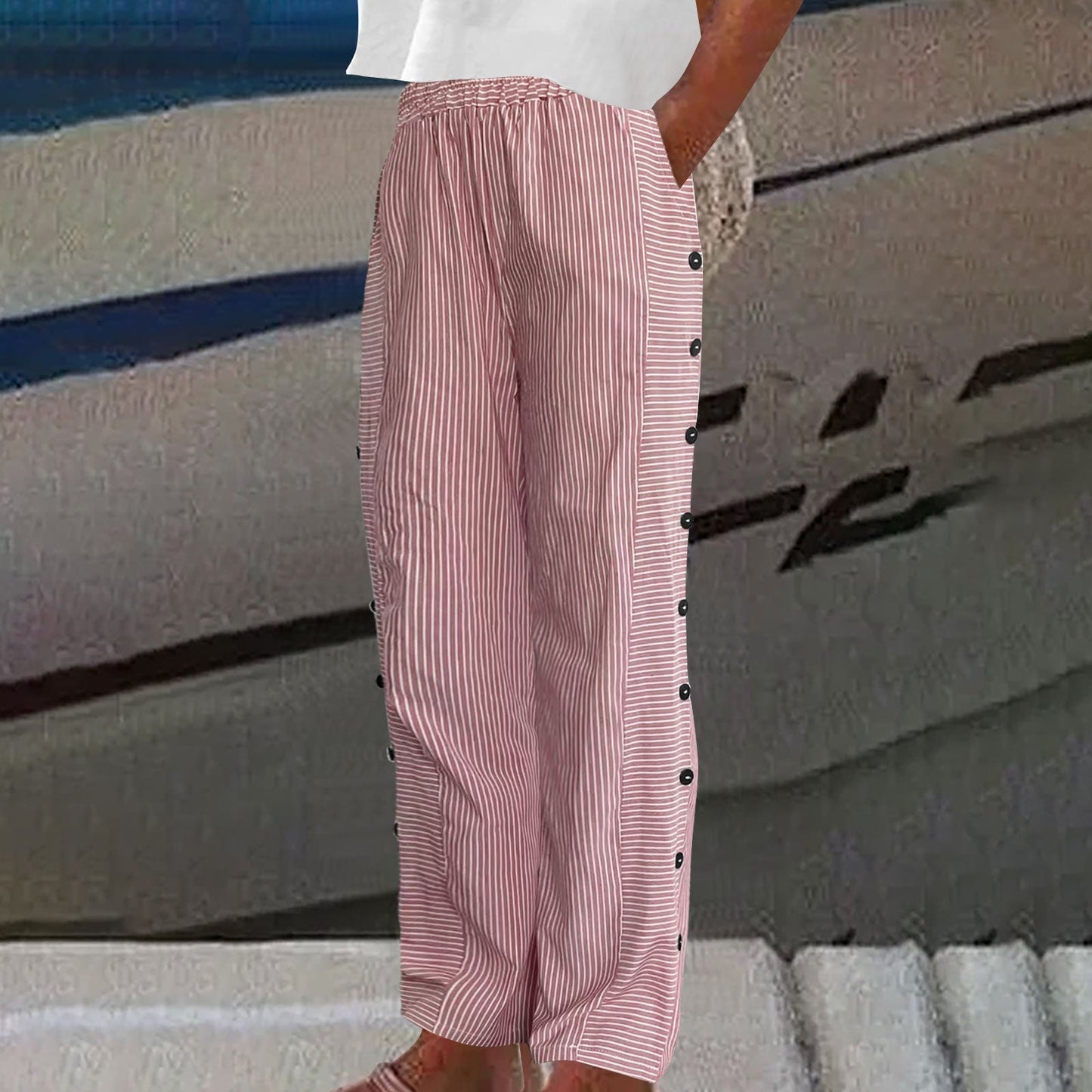 Vienna Striped Button-Accent Pants