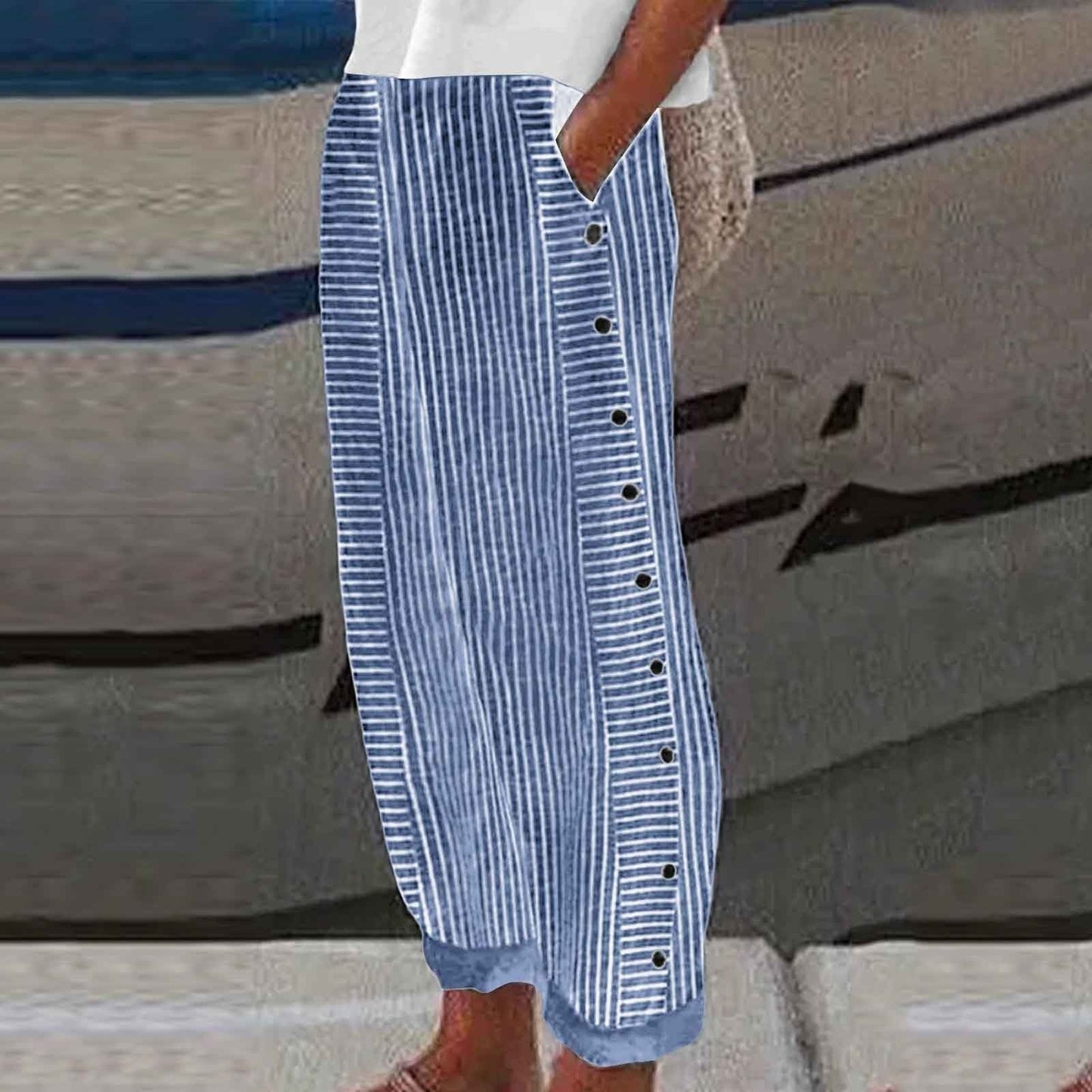 Vienna Striped Button-Accent Pants