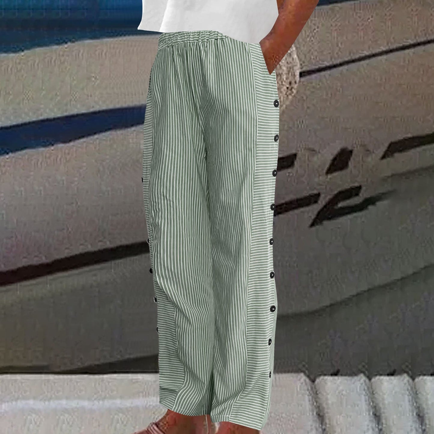 Vienna Striped Button-Accent Pants